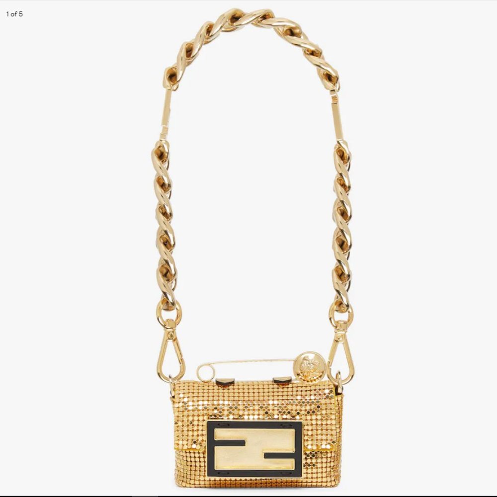 Gold Fendace Nano Baguette Micro Bag w/ Maxi Chain